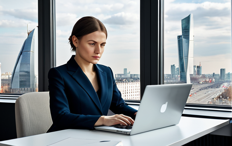 보안 컨설턴트를 위한 효과적인 보고서 작성법 - Modern Office Scene**
"A professional woman in a stylish, dark-colored pantsuit working on a laptop...