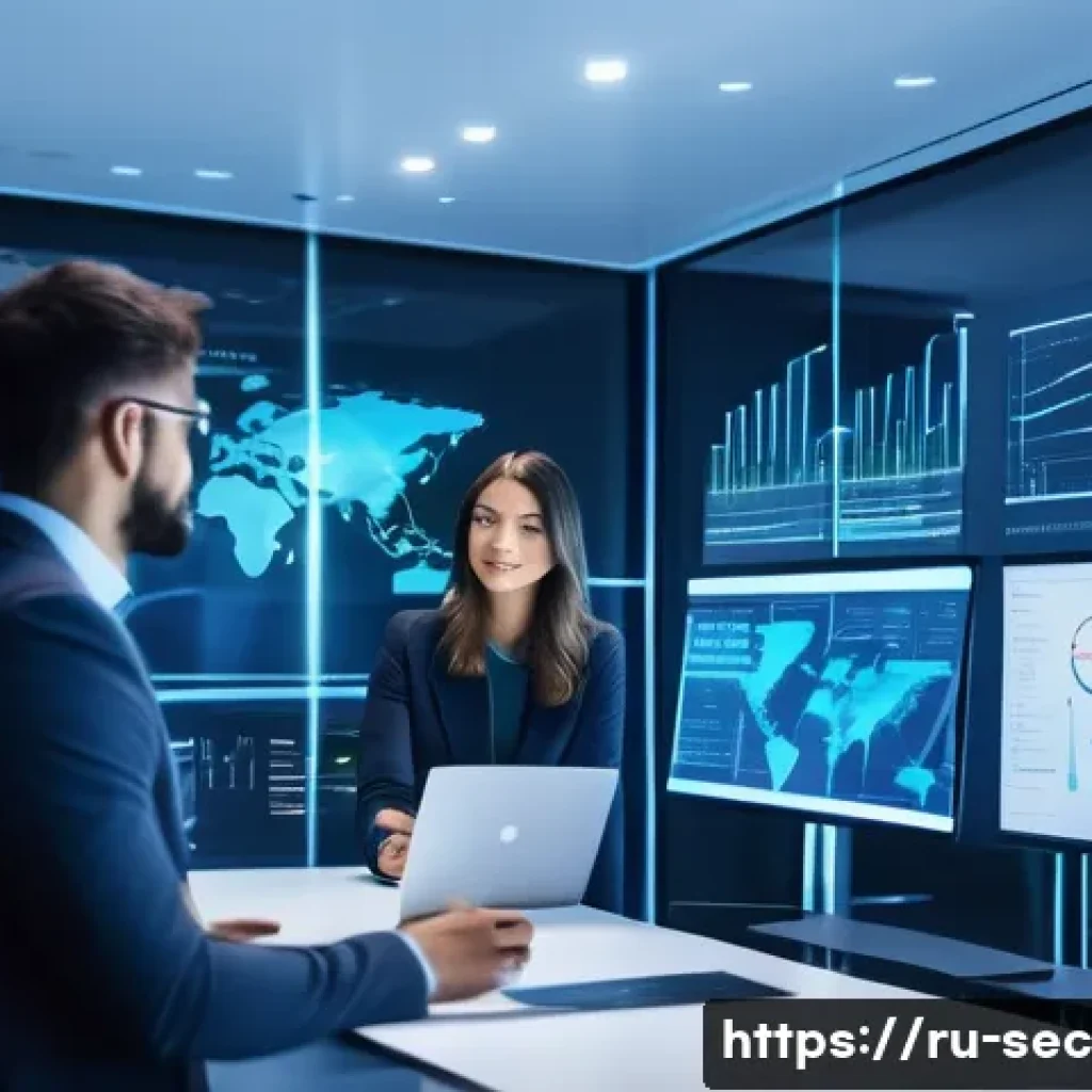 보안솔루션 컨설팅과 프로젝트 관리의 연관성 - A modern office scene showing a diverse team of cybersecurity consultants and project managers colla...