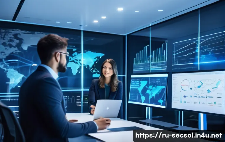 보안솔루션 컨설팅과 프로젝트 관리의 연관성 - A modern office scene showing a diverse team of cybersecurity consultants and project managers colla...