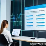 Home 22 보안 컨설턴트를 위한 최신 해커 트렌드 분석 - A modern corporate office environment with diverse Russian professionals engaged in an interactive c...