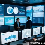 Home 20 보안 컨설팅과 데이터 분석 기술의 융합 - A high-tech corporate cybersecurity operations center with diverse IT professionals analyzing user b...