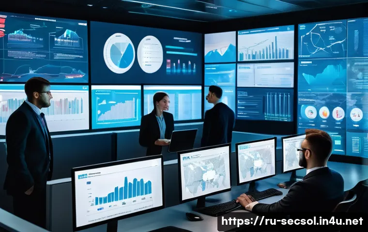 보안 컨설팅과 데이터 분석 기술의 융합 - A high-tech corporate cybersecurity operations center with diverse IT professionals analyzing user b...