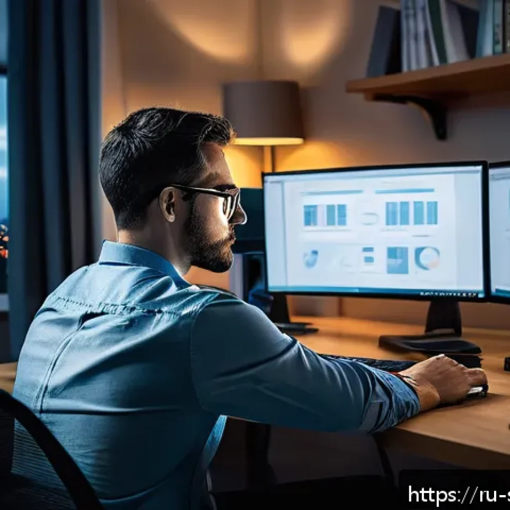 보안 컨설팅 실기 시험 준비법 - A focused cybersecurity professional sitting at a modern desk in a cozy home office, surrounded by m...