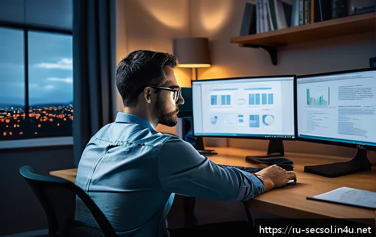 보안 컨설팅 실기 시험 준비법 - A focused cybersecurity professional sitting at a modern desk in a cozy home office, surrounded by m...